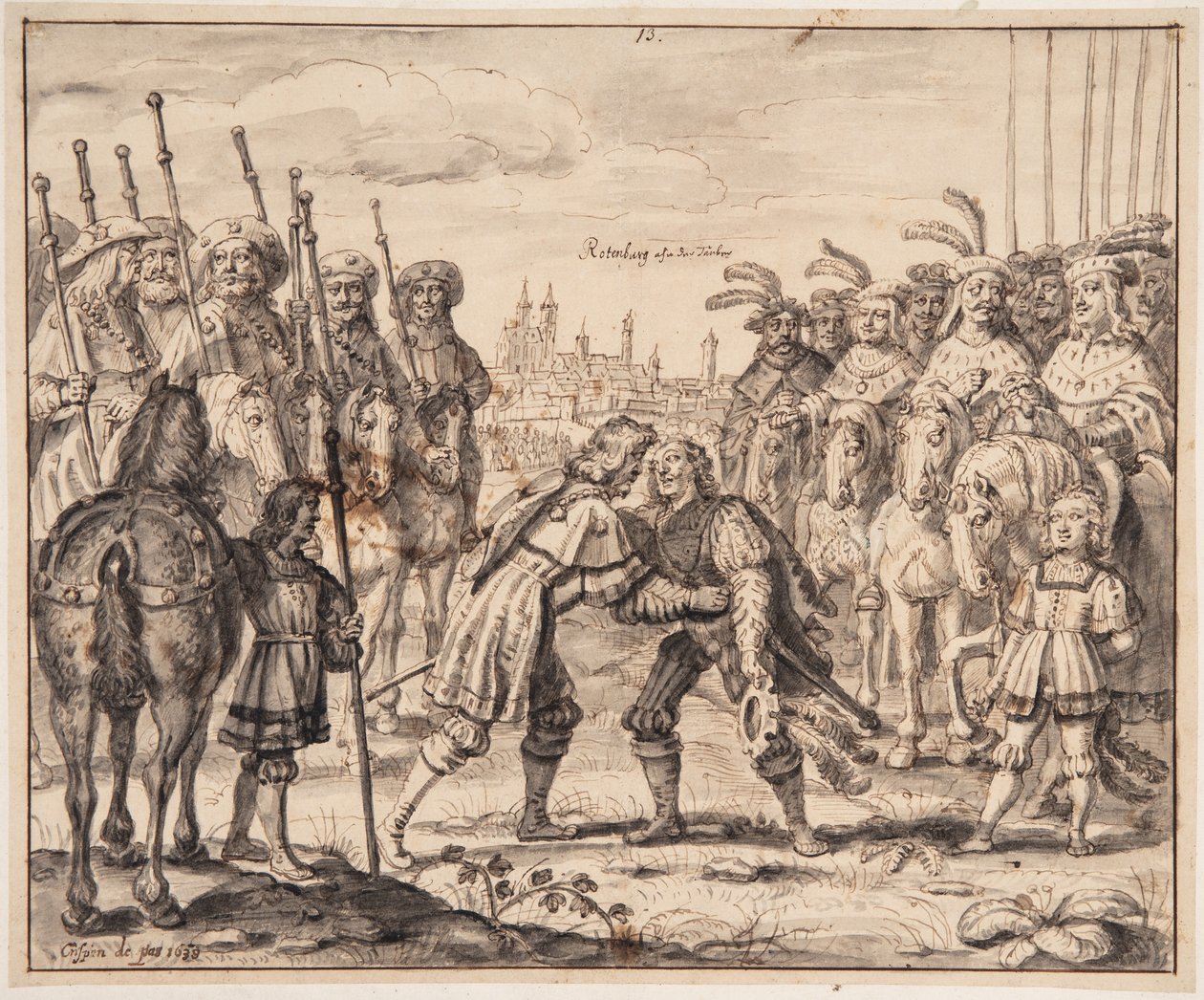 Christian I. se setkává s princem Maxmiliánem v Rothenburg ob der Tauber v roce 1474 od Crispijn de Passe