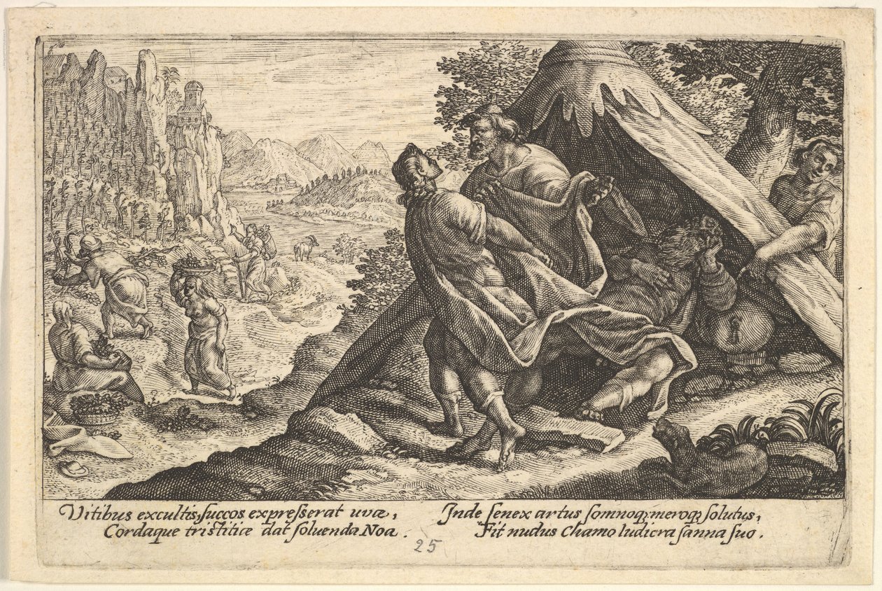 Opilost Noemova: Sem a Japheth zakrývají nahé tělo Noeho, který leží ve stanu, ..., 1612. od Crispijn de Passe I