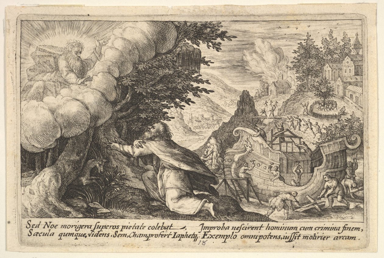 Noe klečící před Bohem nalevo, stavba archy probíhá za ní, ze série..., 1612. od Crispijn de Passe I