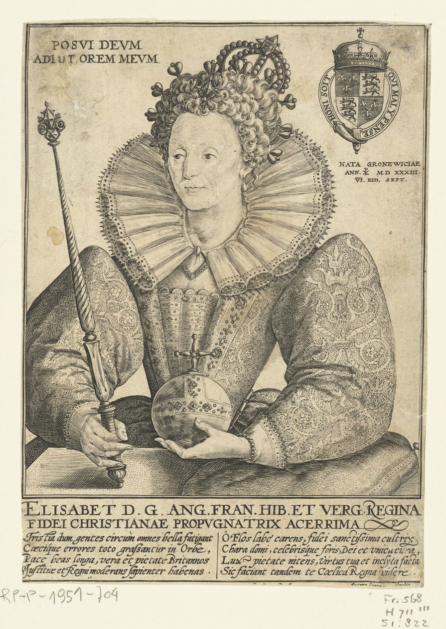Portret van Elizabeth I Tudor, deset halfen lijve Posvi Devm Aiut Orem Mevm (název na objektu) od Crispijn van de Passe (I)