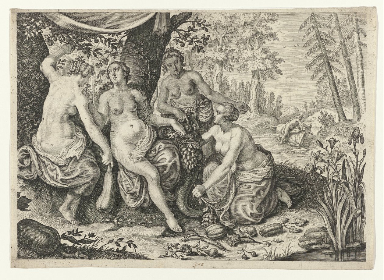 Nymfy vyplňují roh hojnosti Metamorfózy Ovidia (název série) od Crispijn van de Passe (II) (attributed to)
