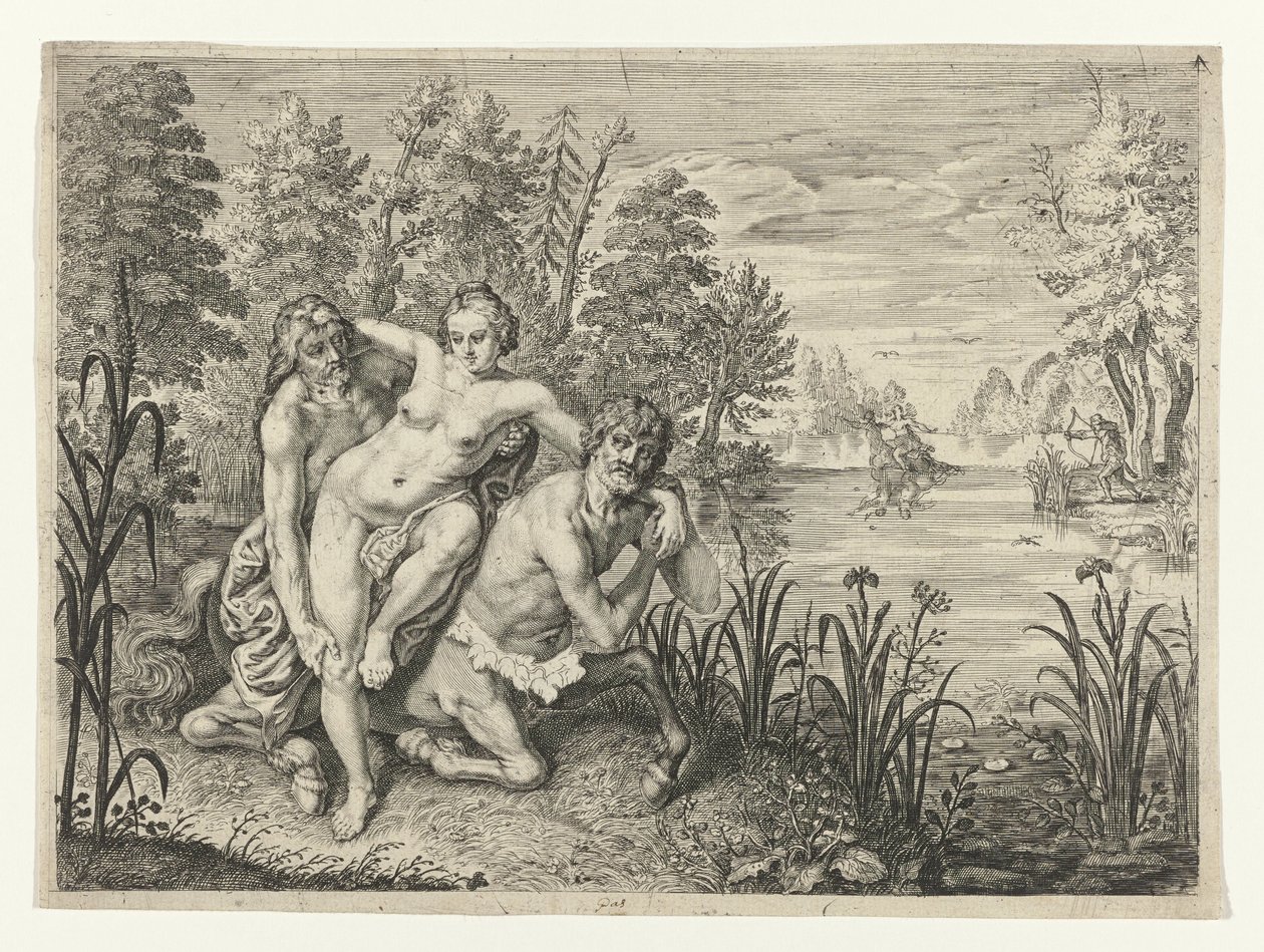 Nessus vezme Deianiru přes řeku Dianier of Nessus zasazený přes potok (název na objektu) Metamorfózy Ovidia (název série) od Crispijn van de Passe (II) (possibly)