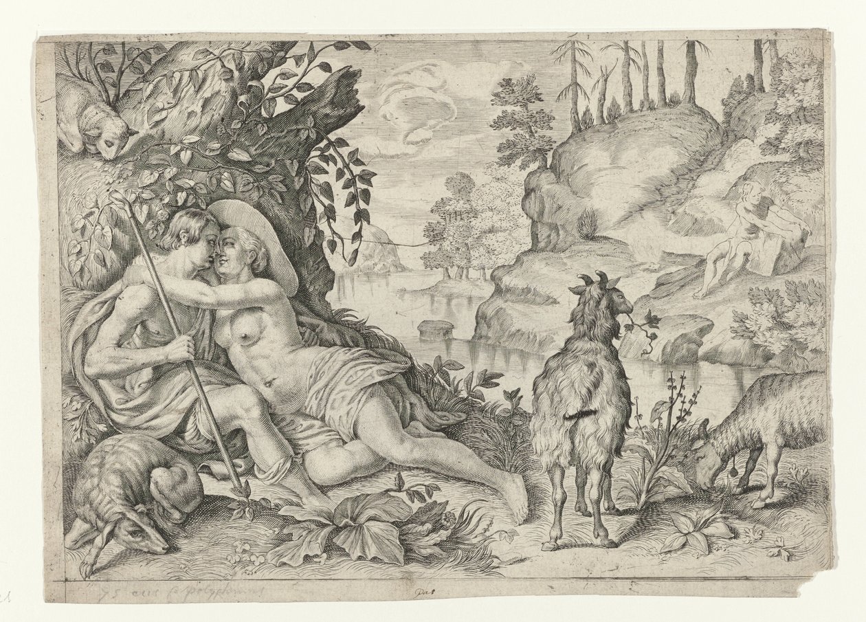 Polyphemus byl chycen Acis en Galatea Metamorfosen van Ovidius (název série) od Crispijn van de Passe (II)
