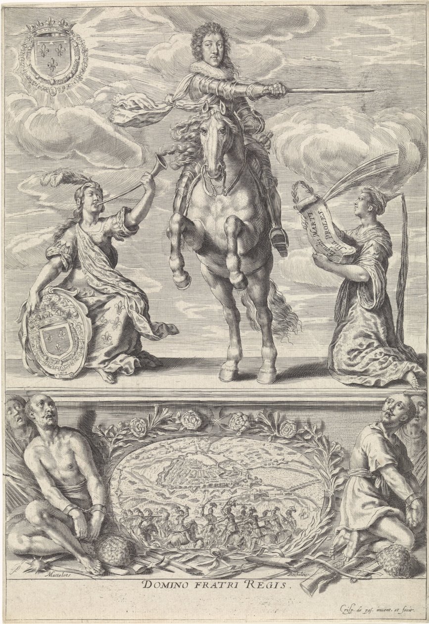 Portrét Gaston Jean-Baptiste z Orléans, na koni Domino Fratri Regis. (název na objektu) od Crispijn van de Passe (II)