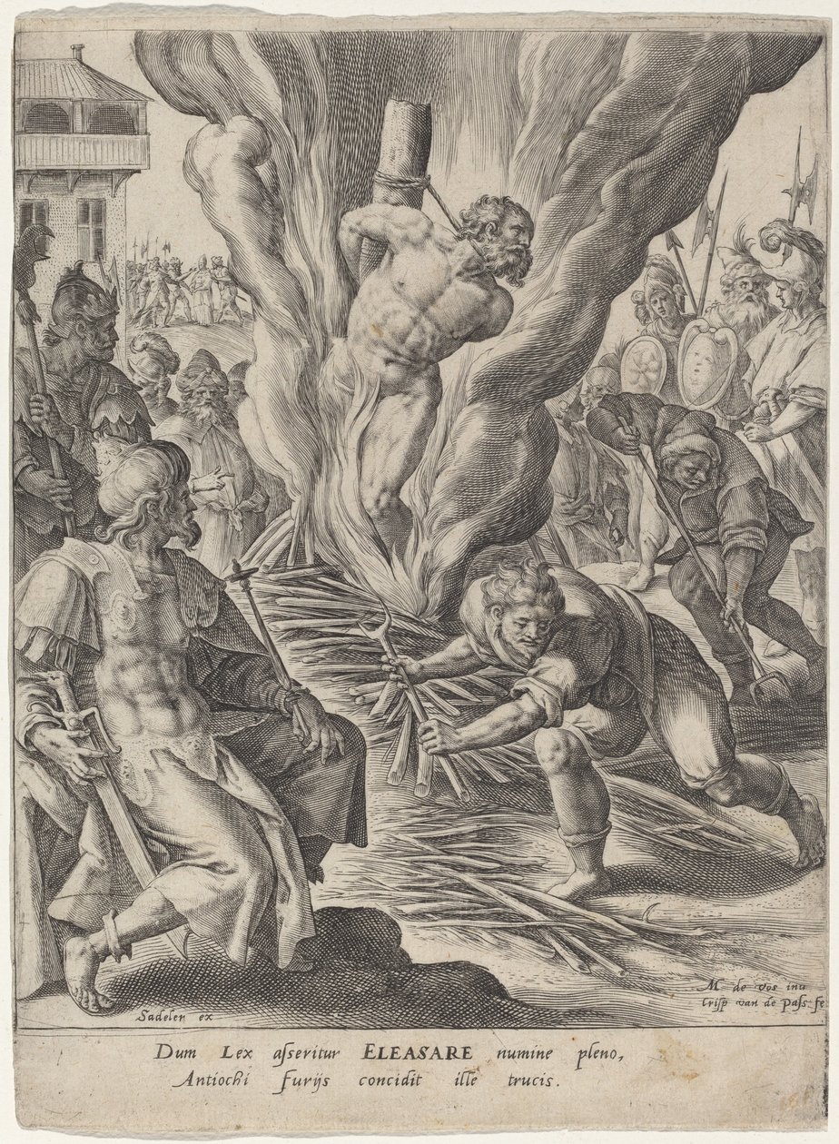 Eleazar upálen Antiochem od Crispijn van de Passe I after Maarten de Vos