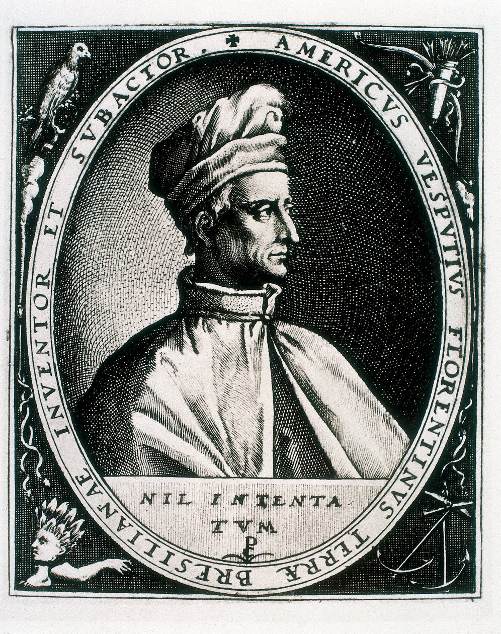 Portrét Ameriga Vespucciho, nápis "Americus Vesputius Florentinus Land of Bresilian Inventor Subactor" (rytina) od Crispin I de (after) Passe
