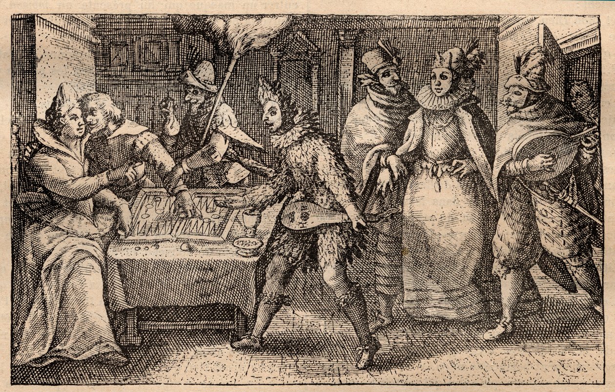 Vrhcáby s procházejícími hráči - holandská mědirytina; ze souboru tisků, Hortus Voluptatem, od Crispina de Passe (1550-1643) - Pár hrající vrhcáby překvapený pěti mužskými maskami rytina Crispin de Passe l
