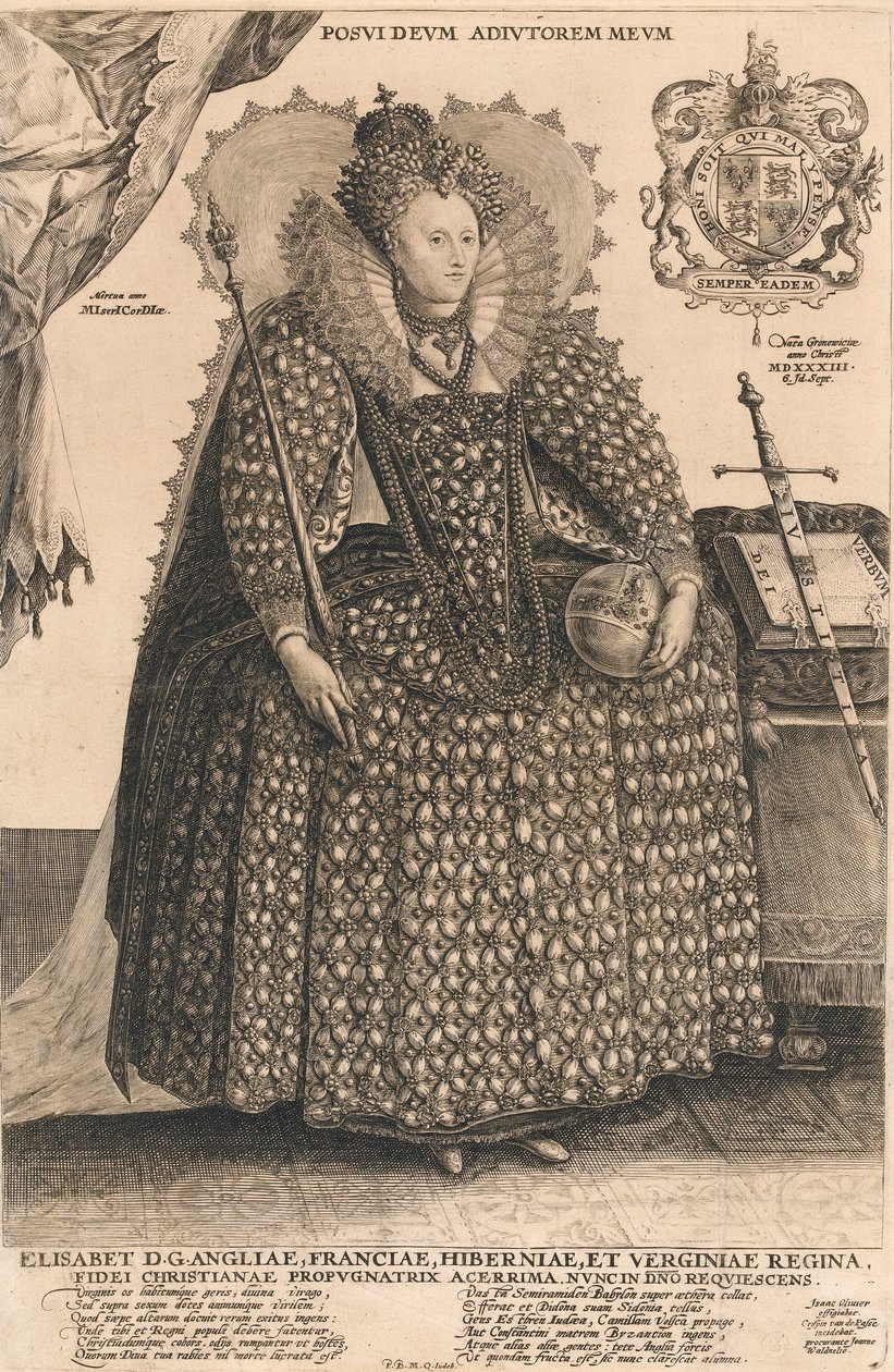 Alžběta, anglická královna, kolem 1603 (rytina) od Crispin I de Passe