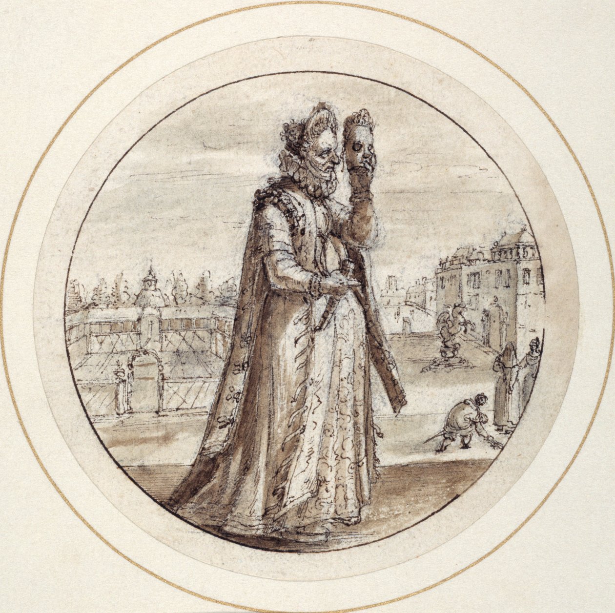 Helena s maskou, začátek 17. století (pero a hnědý inkoust s hnědým praním) od Crispin I de Passe
