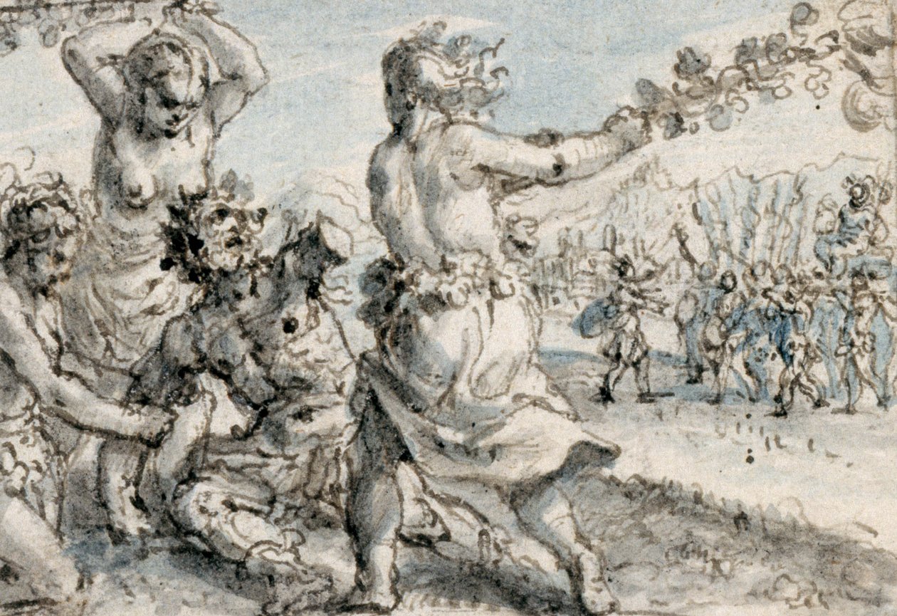 Maenads porážející Pentheus, počátek 17. století (pero a hnědý inkoust s hnědým, modrým a šedým povrchem) od Crispin I de Passe