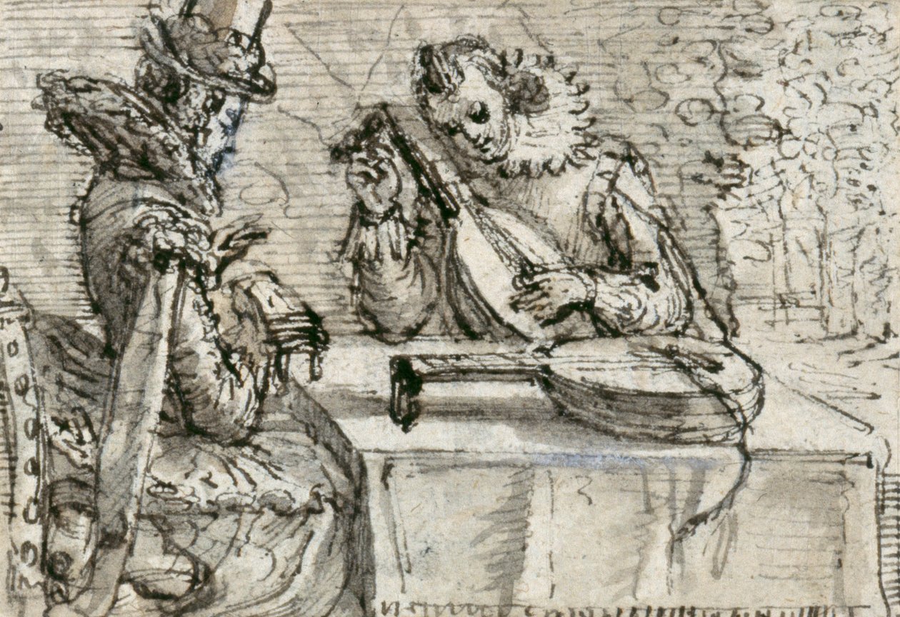 Mládež hrající na loutnu (pero a inkoust s hnědým praním na papíře) od Crispin I de Passe