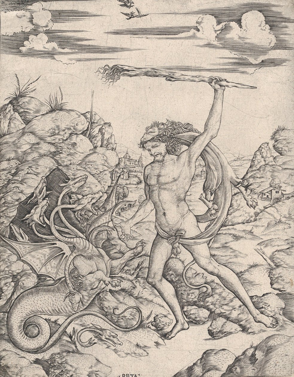 Herkules a Hydra, třímající pochodeň, zaútočí na okřídlenou, vícehlavou Hydru..., ca. 1500-1520. od Cristofano di Michele Martini