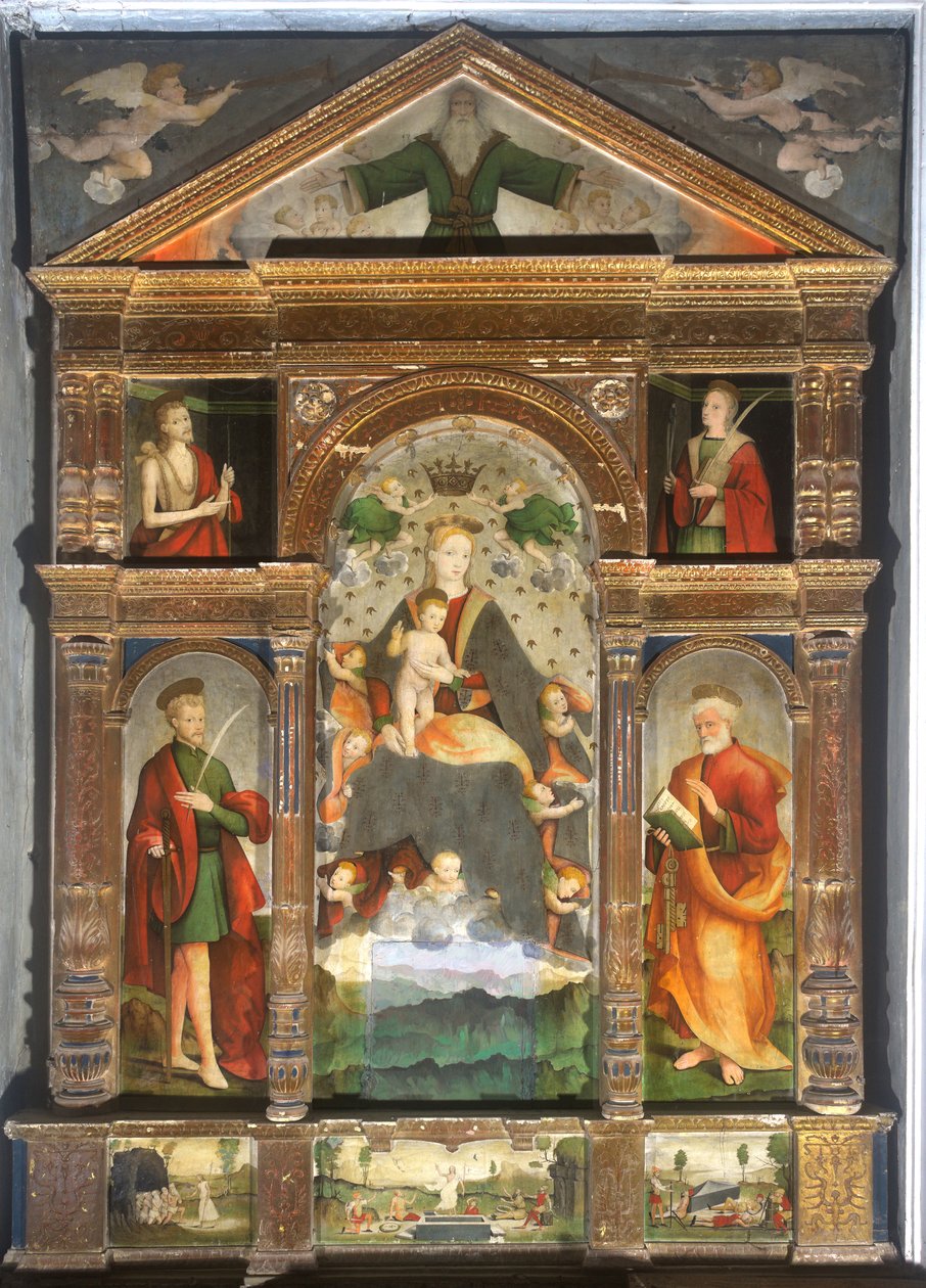 Korunovaná Madona s dítětem a anděly, svatý Pavel, svatý Petr od Cristoforo (fl.1525 1578) & Pancalino Raffaele (fl.1514 1573) Pancalino