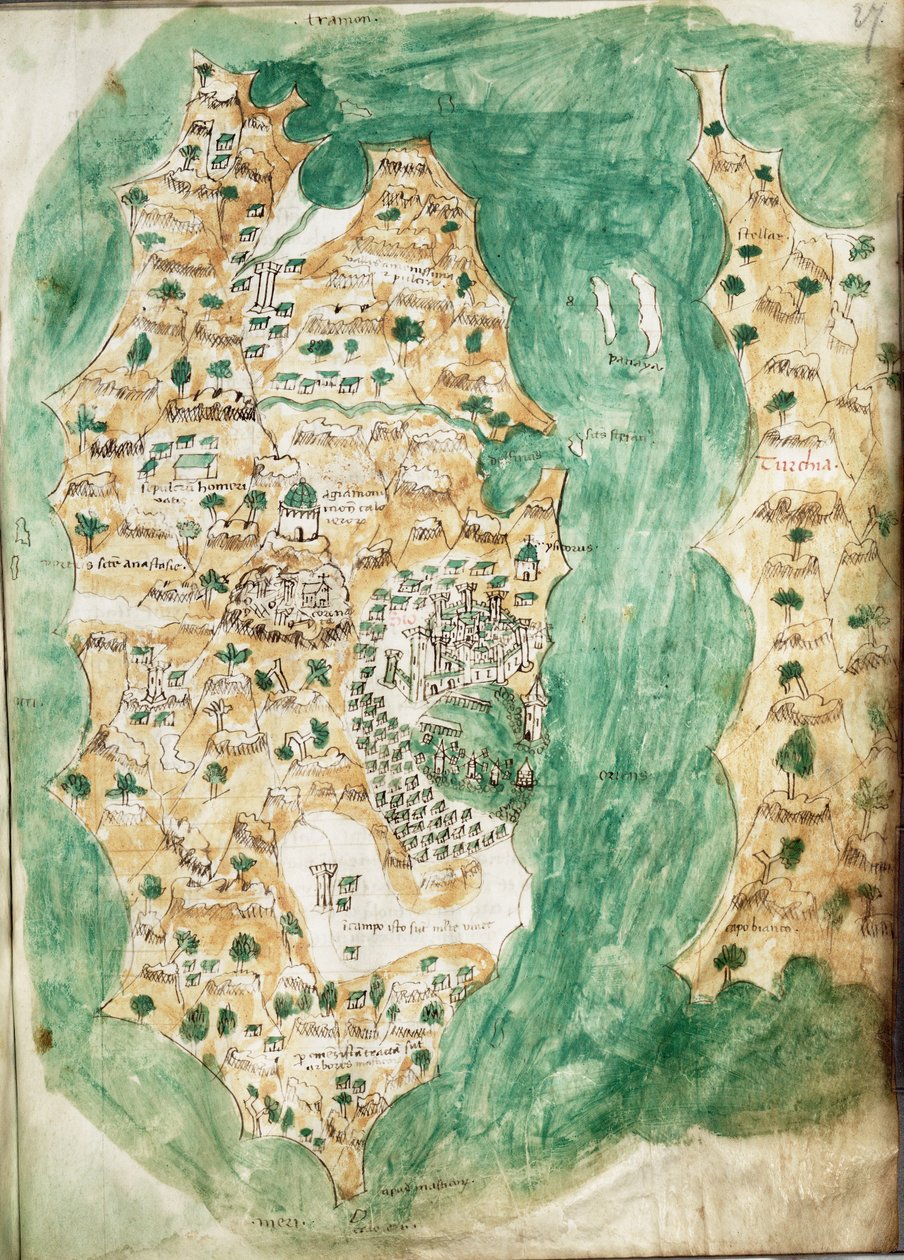 Mapa Chiosu a přilehlé pevniny, asi 1420 (Vellum) od Cristoforo Buondelmonti