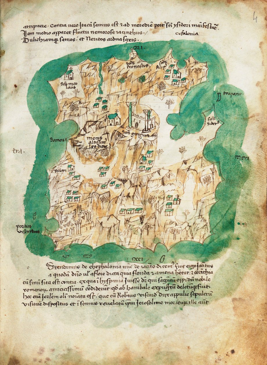 Mapa Kefalonie, asi 1420 (pergamen) od Cristoforo Buondelmonti
