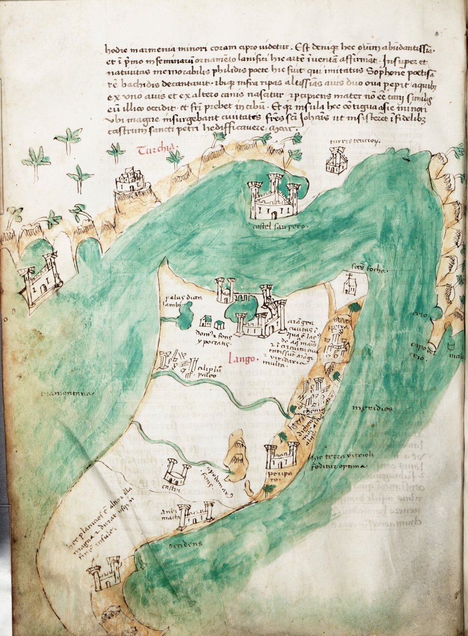 Mapa Kosu a Bodrumu, asi 1420 (pergamen) od Cristoforo Buondelmonti