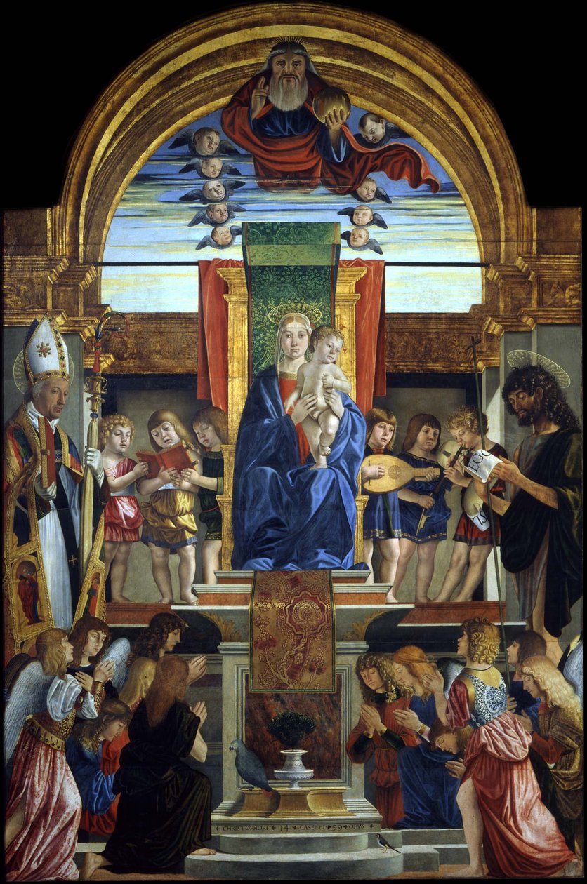 Panna a dítě na trůnu s Bohem Otcem a svatými Hilariusem a Janem Křtitelem, 1499 od Cristoforo Caselli