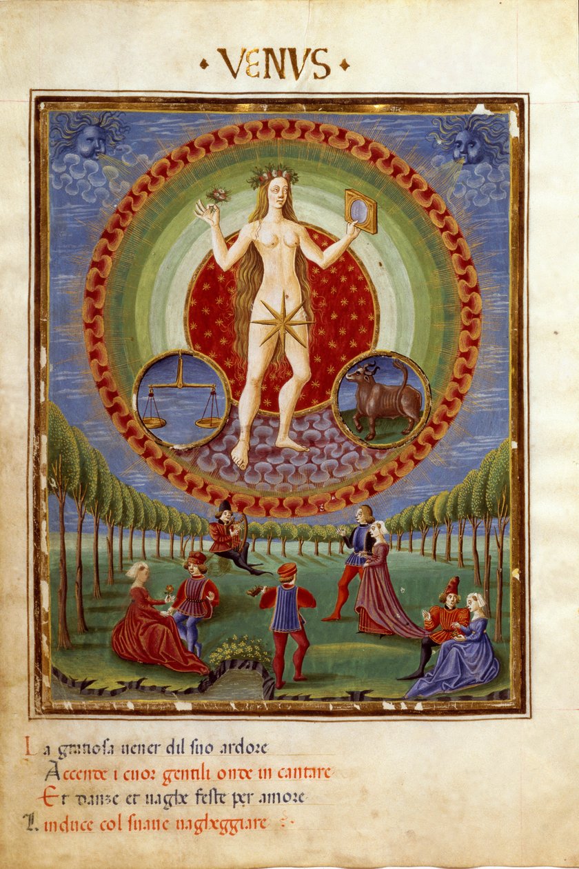 Dodáváno se znameními zvěrokruhu rovnováhy a býka. Galantní scény (miniaturní, kolem roku 1470) od Cristoforo De Predis