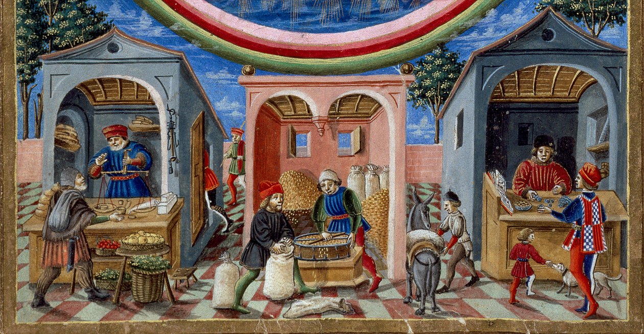 Detail obchodníků prodávajících různé předměty: vlevo obchodník s ovocem a zeleninou, uprostřed mlynář formující obilí (Miniatura, cca 1470) od Cristoforo De Predis