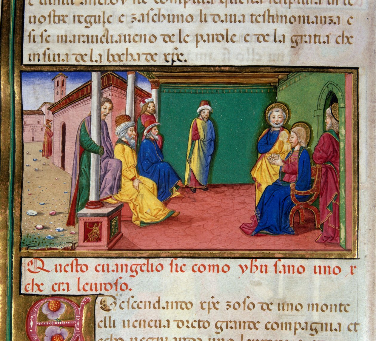 Ježíš jde v sobotu do nazaretské synagogy a čte knihu proroka Izaiáše Miniaturu od Cristofora De Predise (1440-1486) po Dějinách Nového zákona od Cristoforo De Predis