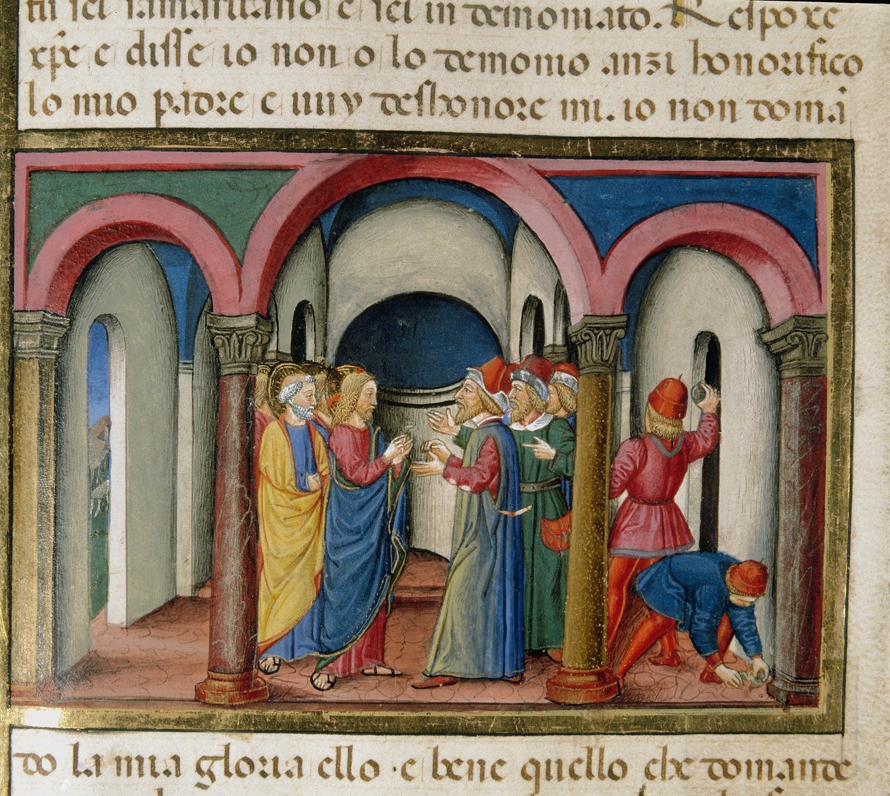 Ježíš byl zadržen poblíž Šalomounova chrámu Židy, kteří ho požádali, aby prokázal svou miniaturní identitu Cristoforo De Predis (1440-1486) po Dějinách Nového zákona od Cristoforo De Predis