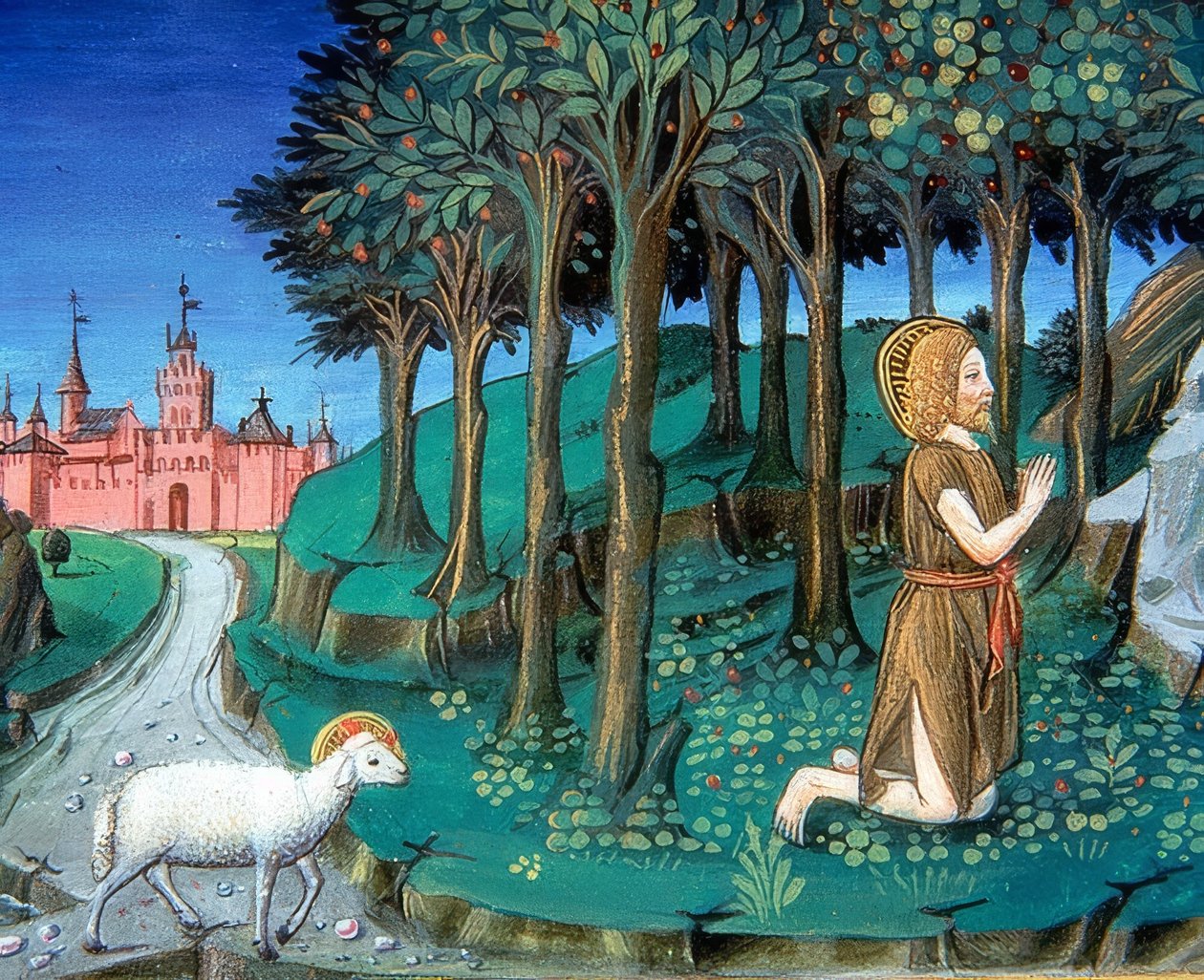 Jan Křtitel se modlí u bran města (c.143v). 1476 od Cristoforo De Predis