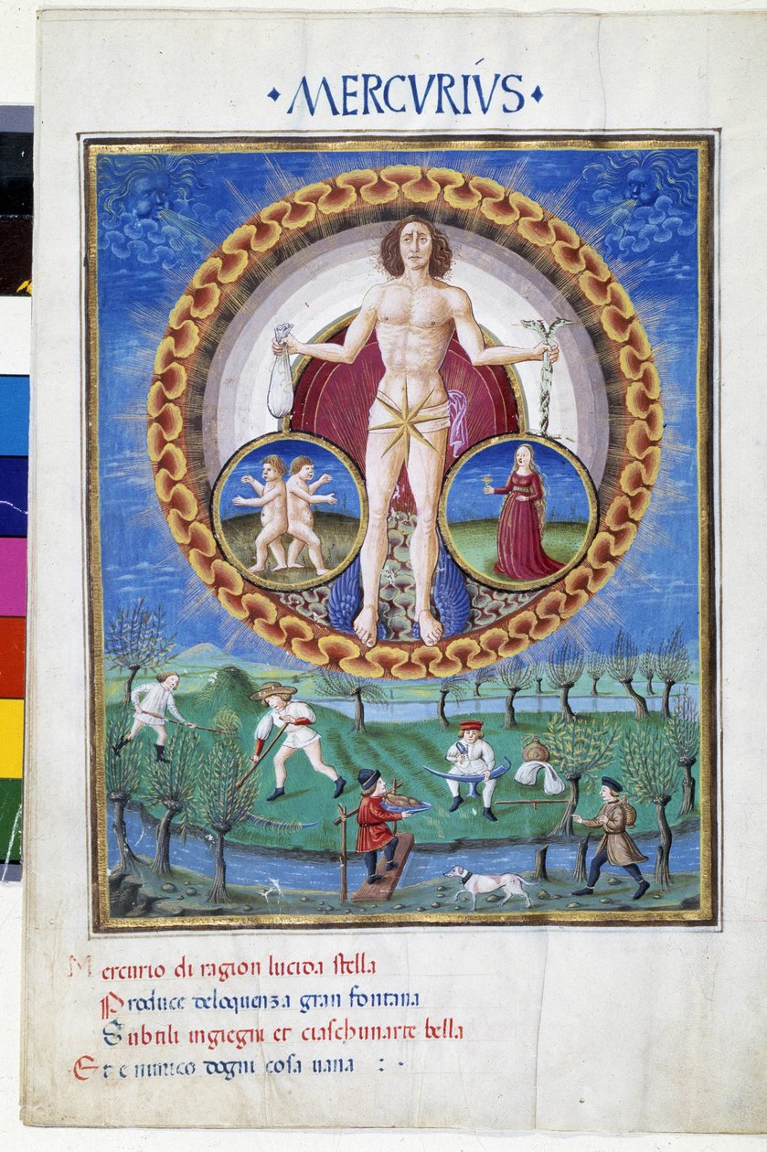 Merkur se znameními zvěrokruhu Panny Marie a Gemelů. Dole rolníci pracující na polích. Miniatura od Cristofora de Predis (v. 1440-v. 1486) - v „“ De Sphaera“““ d