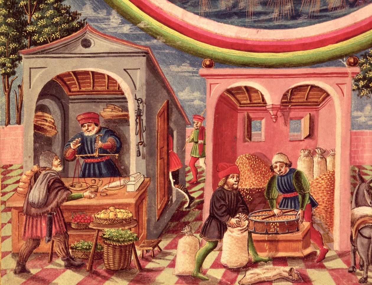 Ms Lat 209 fol.6v Jupiter, detail obchodníků s ovocem a obilím, z knihy De Sphaera, asi 1470 pergamenový detail 308309 od Cristoforo De Predis