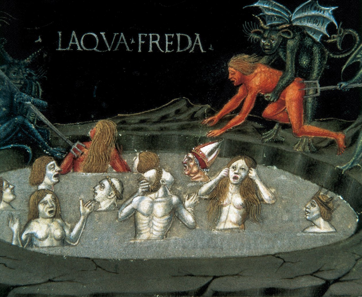 Reprezentace kruhu podsvětí: zatracení ve studené vodě. Miniatura od Cristoforo De Predis (1440-1486) z dějin Nového zákona od Cristoforo De Predis