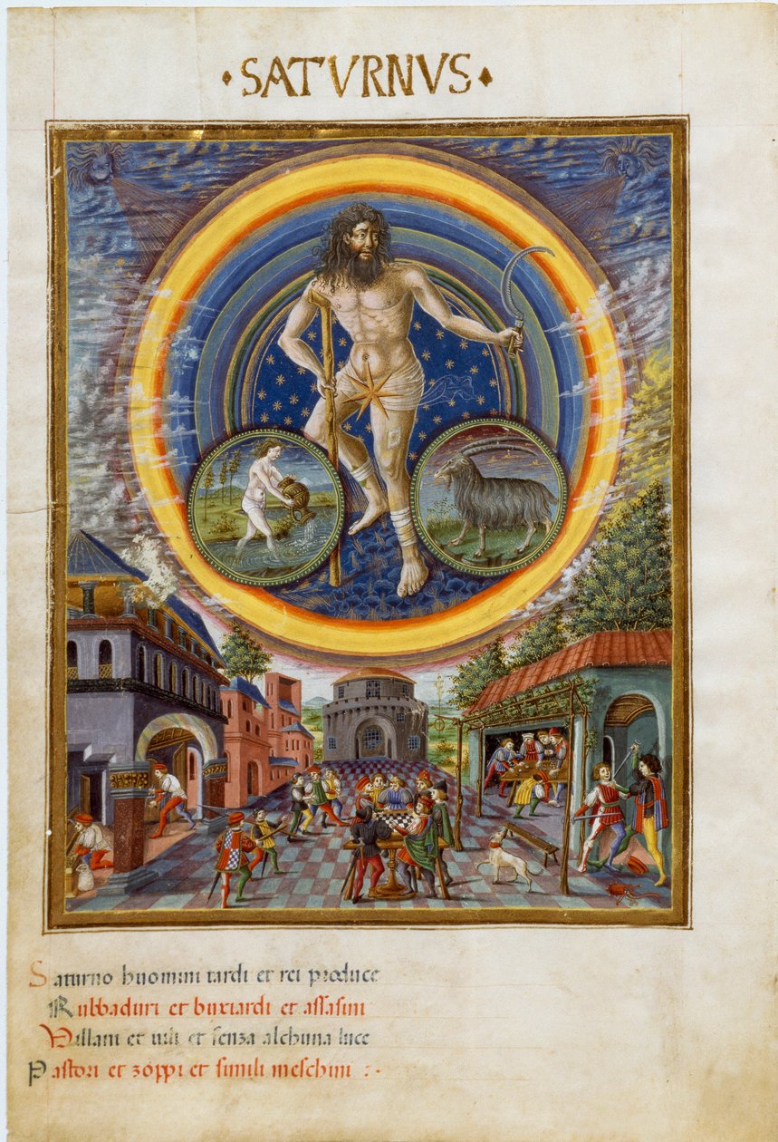 Saturn se znameními Vodnáře a Kozoroha. Herní scény a jeho vliv na muže. (miniaturní, cca 1470) od Cristoforo De Predis