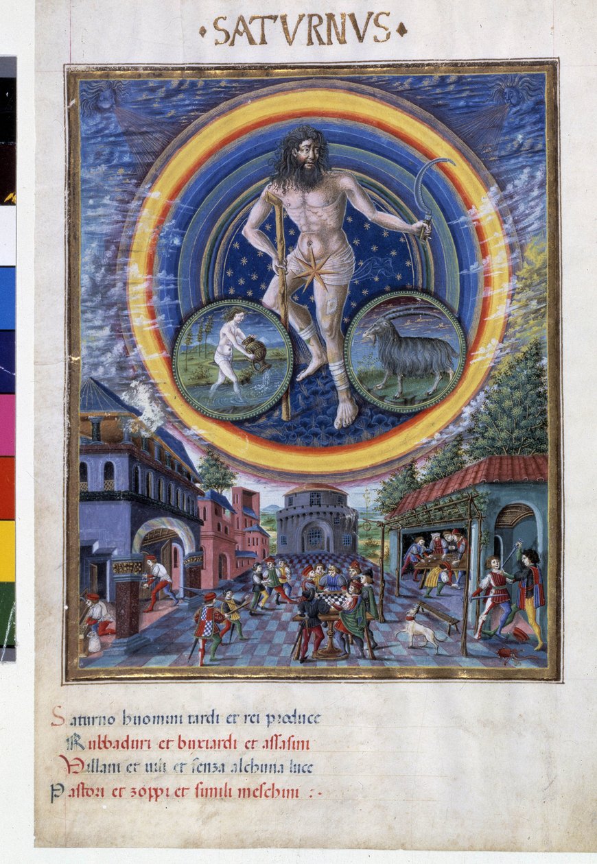 Saturn se znameními Vodnáře a Kozoroha. Dole, herní scény a její vliv na muže. Miniatura od Cristofora de Predis (v. 1440-v. 1486) - v „“ De Sphaera“““ d