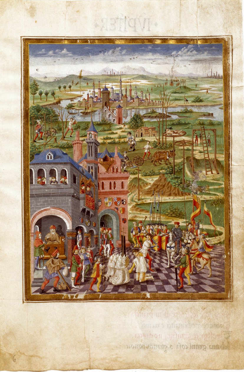 Scéna mučení a odsouzení ve středověkém městě. Vlivy Saturnu (miniatura, cca 1470) od Cristoforo De Predis