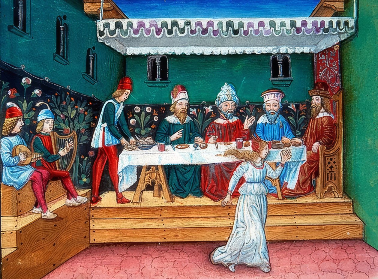 Během Herodovy hostiny předává Salome hlavu Janovi (asi 144r). 1476 od Cristoforo De Predis