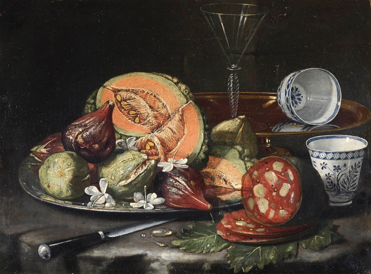 ""Zátiší"" (Zátiší) Meloun, klobása, fíky a čínský porcelán Malba Cristoforo Monari (Munari) (1667-1720), - Olej na plátně, 44x56 - Fondation Custodia od Cristoforo Munari