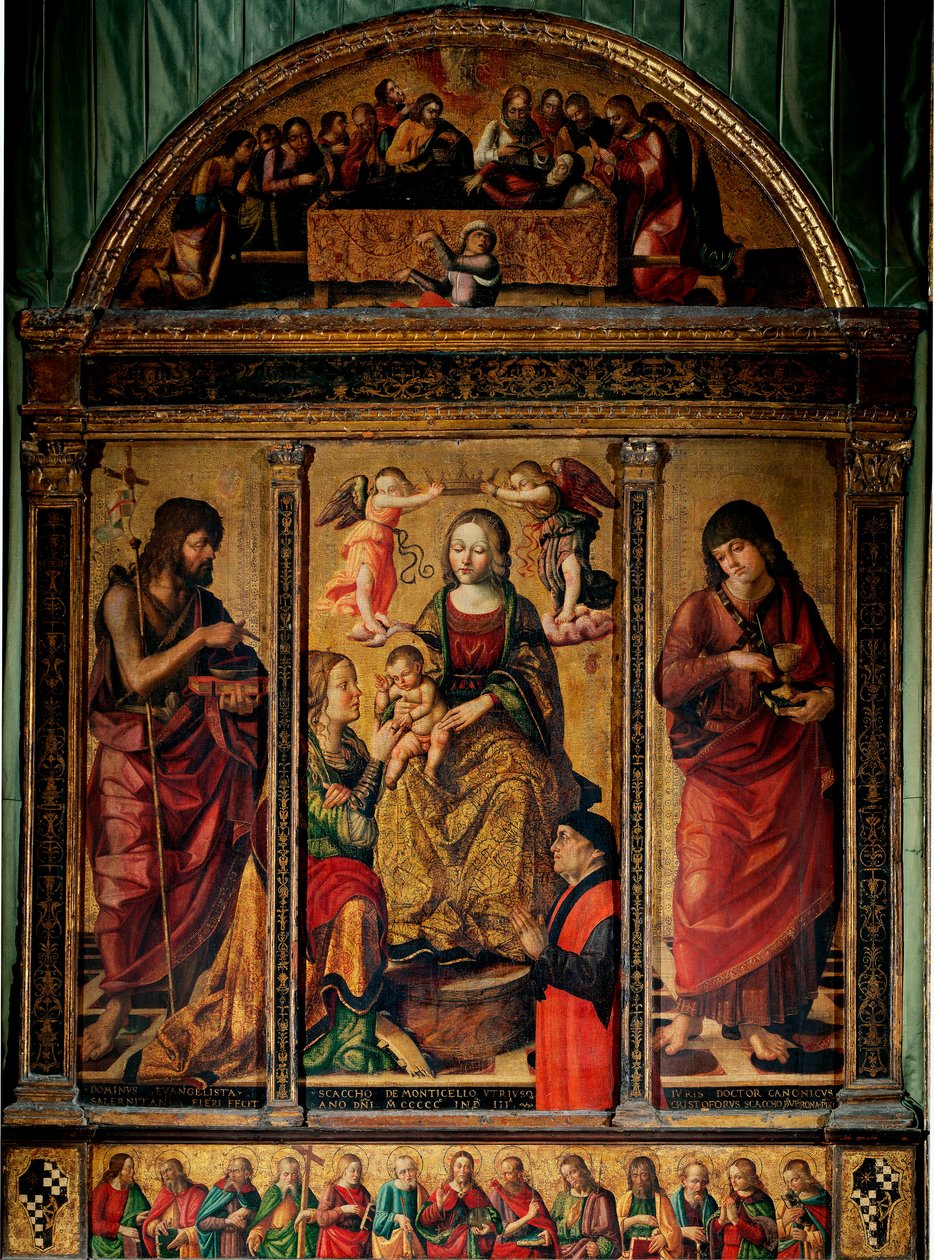 Triptych mystického sňatku svaté Kateřiny, obklopené svatými Janem Křtitelem a svatým Janem Evangelistou (Dřevomalba od Cristoforo Scacco