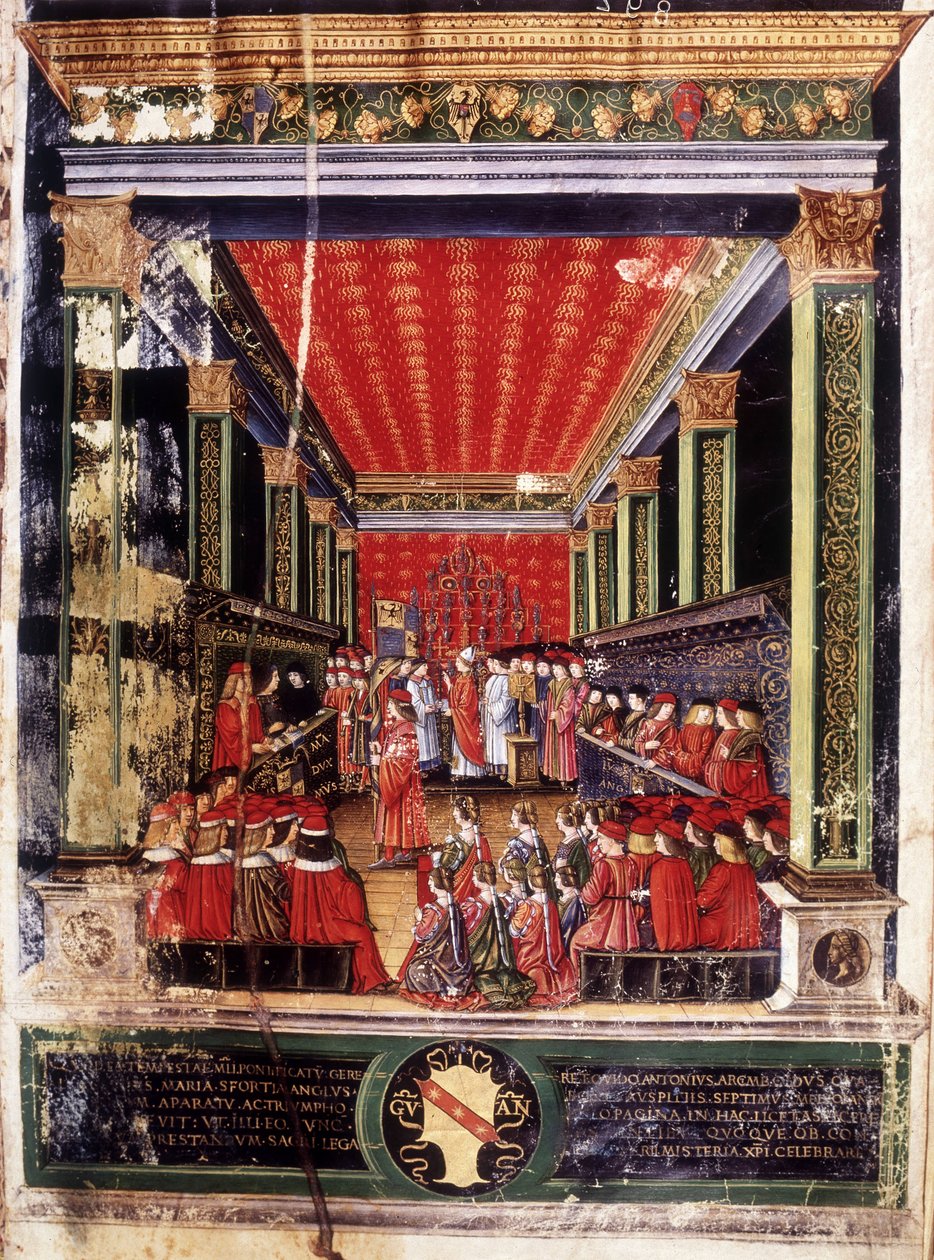 Indukce Ludovica Marie Sforza dit le More (Ludovico Maria Sforza zvaný il Moro) (1452-1508) - iluminace z misálu kardinála Arcimboldiho, kterou vyrobil slavný miniaturista Cristoforo de Predis. Kapitulní knihovna, Milán. od Cristoforo De Predis