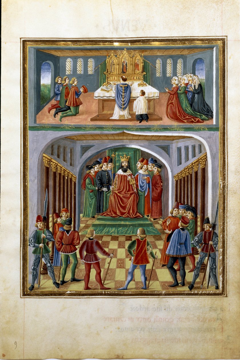 Vliv slunce: světské síly (král před svými dvořany) a duchovní síly (kněz sloužící v kostele). (miniaturní, cca 1470) od Cristoforo De Predis