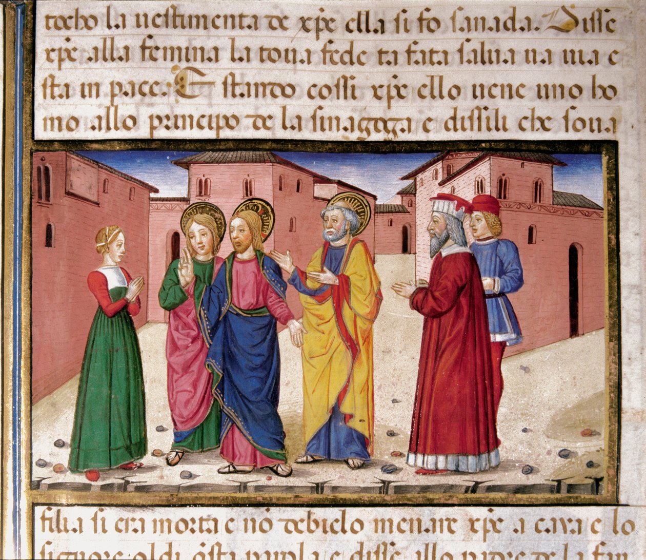 Ježíš oslovuje ženu vinnou z cizoložství Miniatura od Cristofora De Predise (1440-1486) po Dějinách Nového zákona (fol. 61) od Cristoforo De Predis