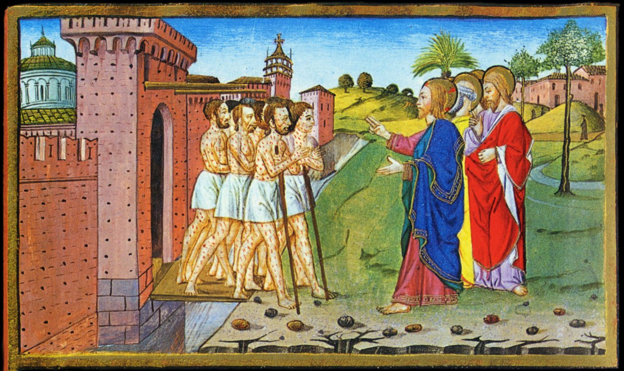 Ježíš a malomocní. Miniatura Cristofora od Predise - v Historia nového zákona od Cristoforo De Predis