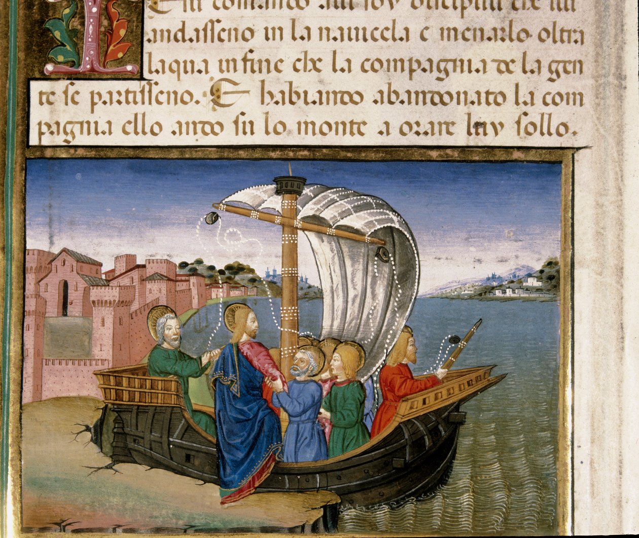Ježíš říká apoštolům, aby jeli lodí do Kafarnea, zatímco on se jde modlit na Miniaturní horu Cristoforo De Predis (1440-1486) po Dějinách Nového zákona od Cristoforo De Predis