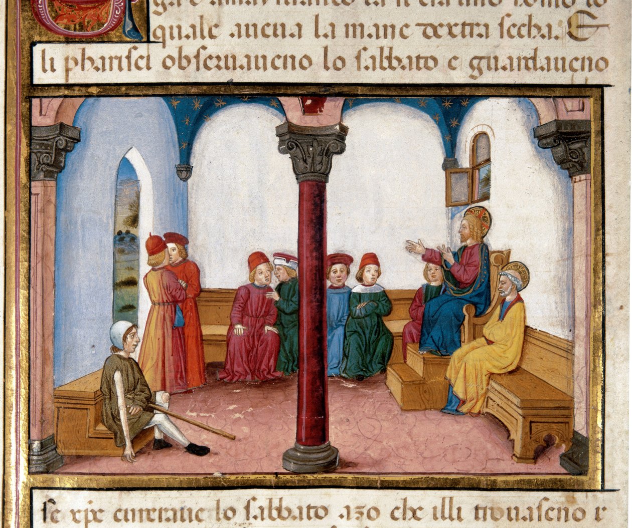 Ježíš bojuje s mužem se suchou rukou Miniatura od Cristofora De Predise (1440-1486) podle Dějin Nového zákona (fol. 81) od Cristoforo De Predis