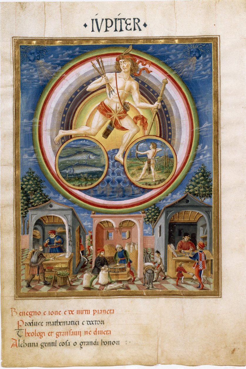 Jupiter se znameními zvěrokruhu ryb a Střelec. Obchodníci prodávající různé položky. (miniaturní, cca 1470) od Cristoforo De Predis