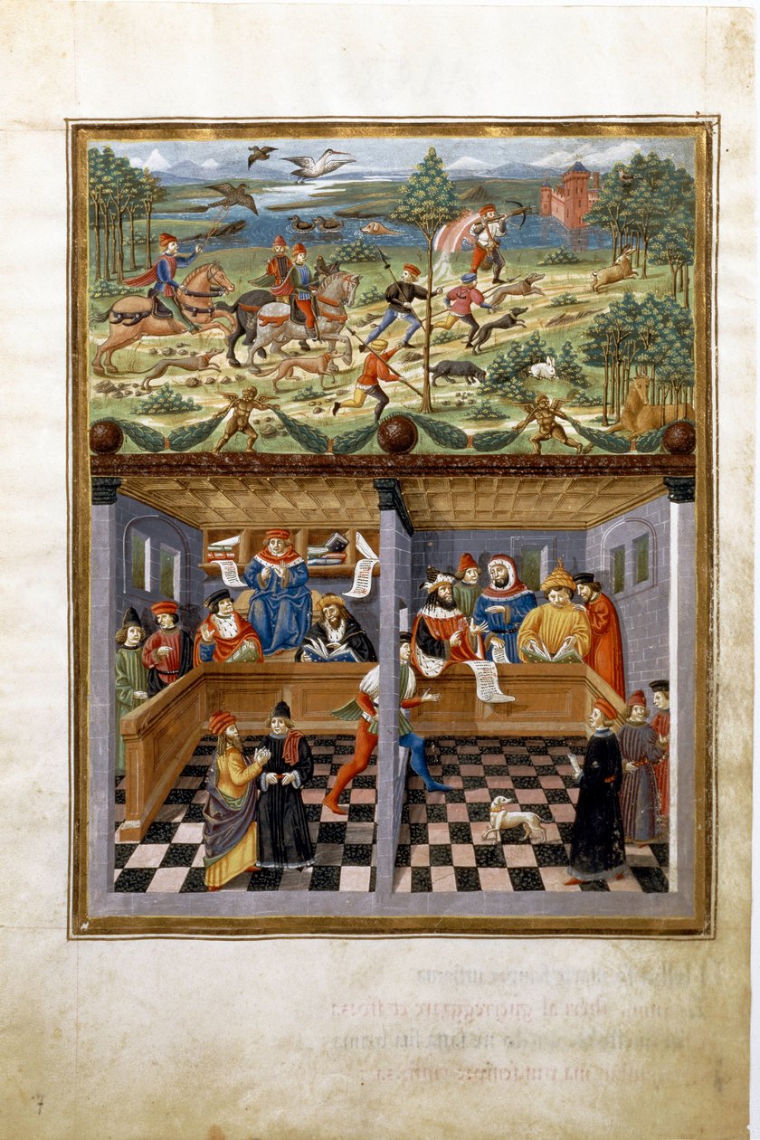 Jupiterův vliv: lov a dvůr. (miniaturní, cca 1470) od Cristoforo De Predis