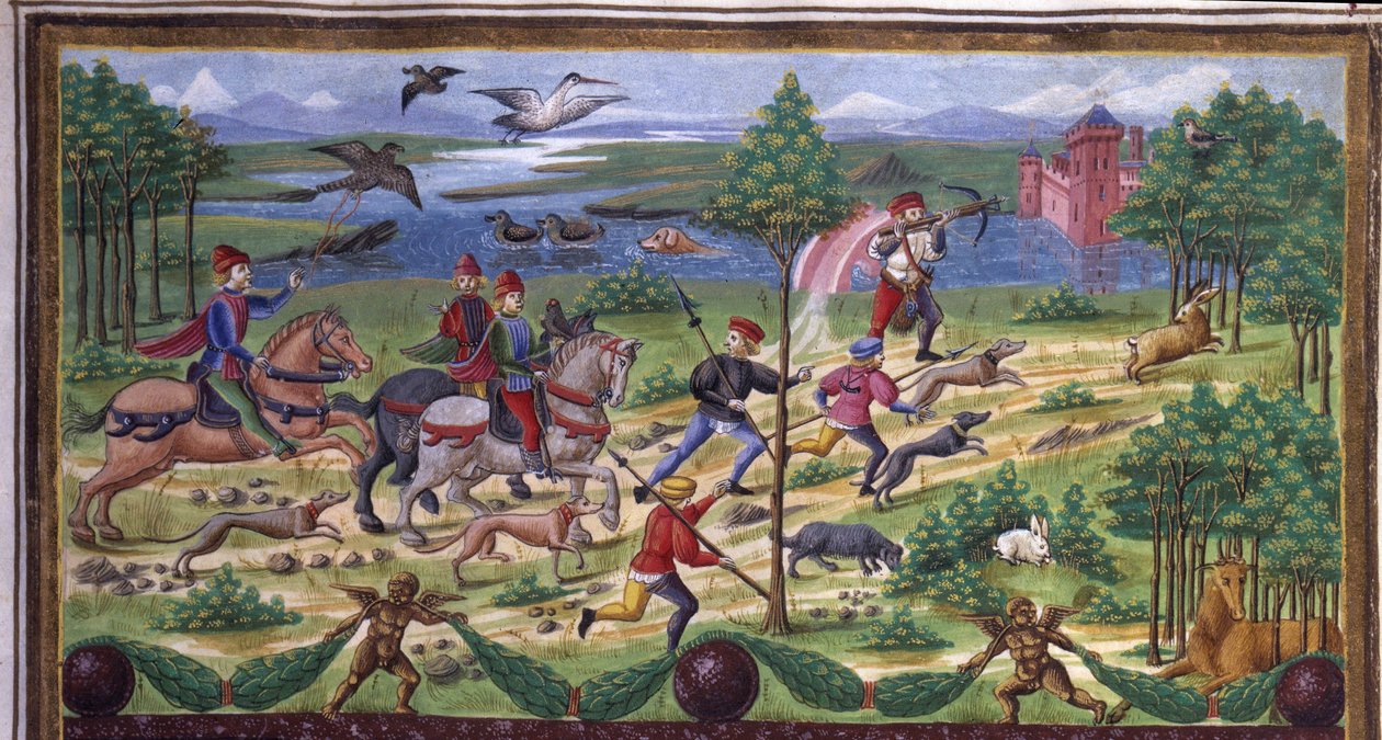Detail lovu v "" Vliv března "": lov a soud. Miniatura od Cristofora de Predis (asi 1440-asi 1486) - v „“ De Sphaera ”” ”d