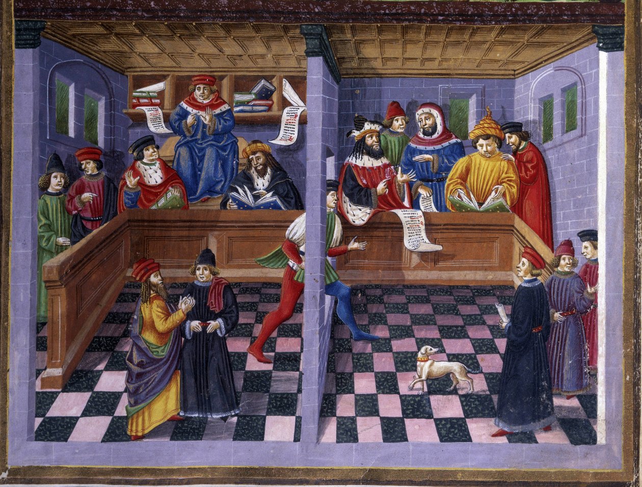 Tribunál (Il Tribunale) v „“ Vliv března ““: lov a tribunál. Miniatura od Cristofora de Predis (asi 1440-asi 1486) - v „“ De Sphaera ”” ”d
