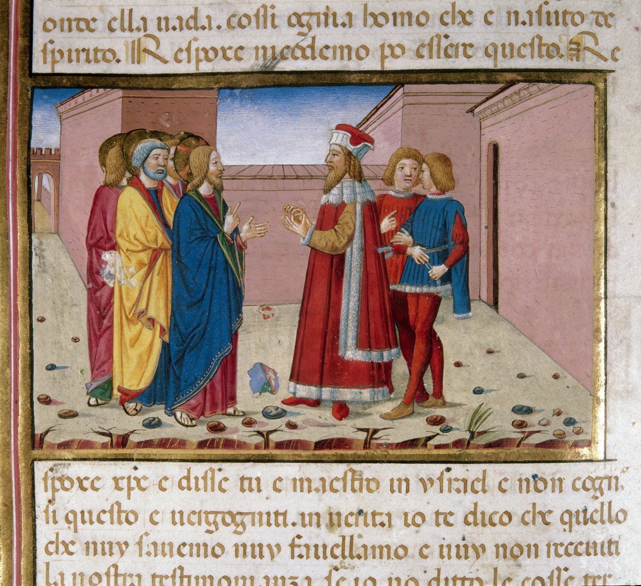 Farizeus Nikodéma navštěvuje miniaturu Ježíše od Cristofora De Predise (1440-1486) po Dějinách Nového zákona (fol. 58) od Cristoforo De Predis