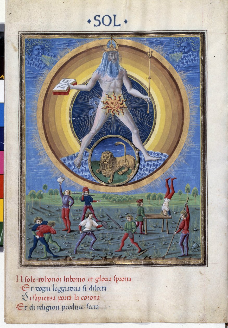 Slunce se znamením zvěrokruhu lva. Dole jsou scény mužských fyzických cvičení. Miniatura od Cristofora de Predis (v. 1440-v. 1486) - v „“ De Sphaera“““ d