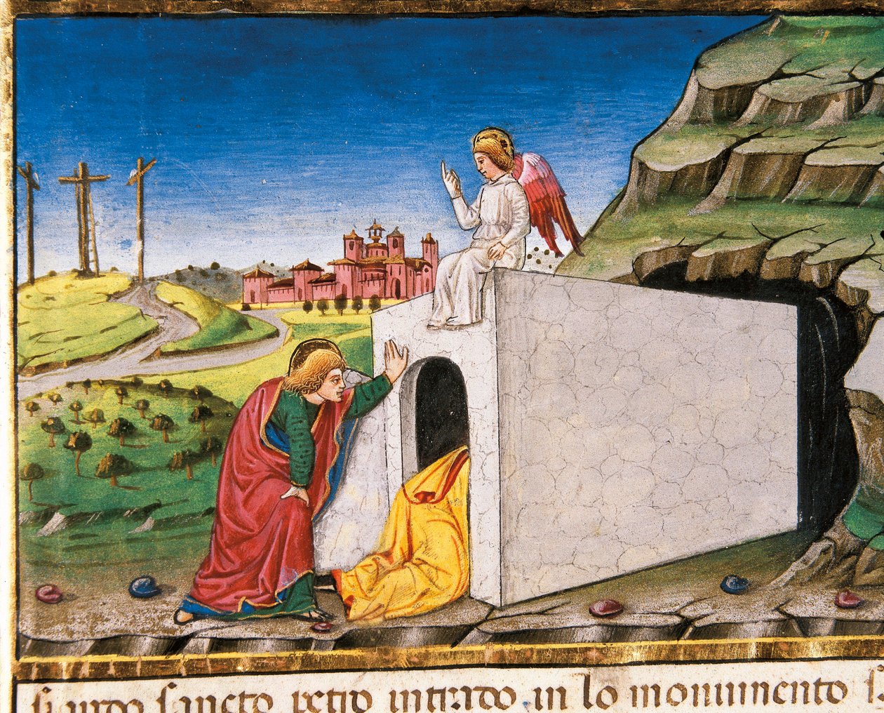 Apoštolové Petr a Jan objevují hrob prázdného Krista z Leggendario Sforza-Savoia od Cristoforo De Predis