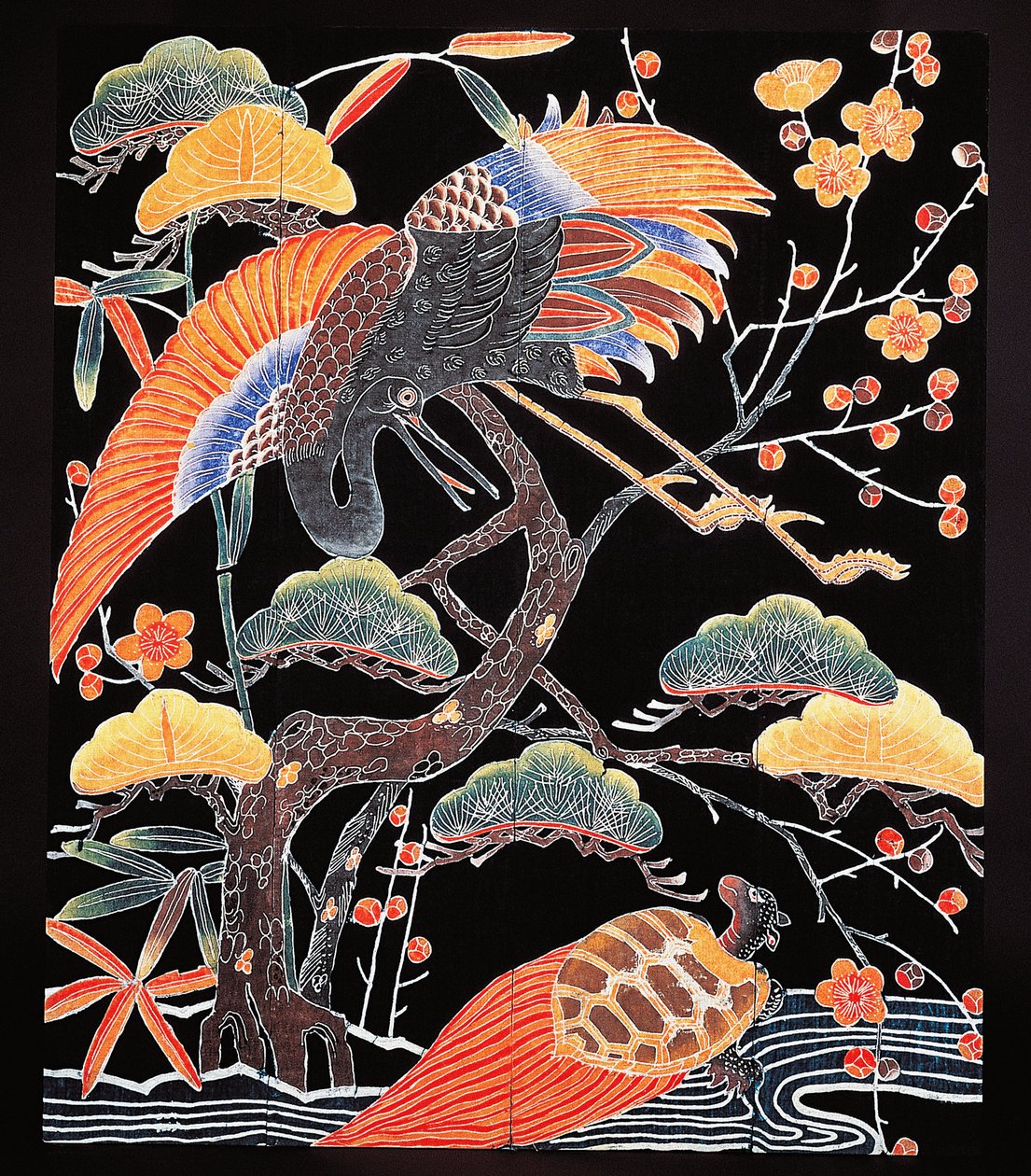 Detail jeřábů a želvy dlouhoocasé (tsurugame) z látky kimono s příznivými motivy, japonská civilizace, období Edo od Culture Edo