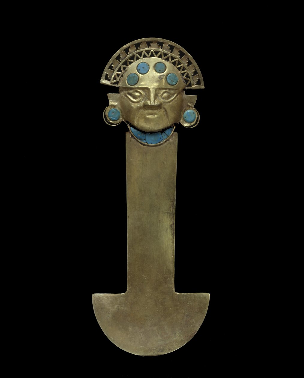 Nůž Tumi, 800-1375 n. l. (tepané, pronásledované a filigránové zlato s tyrkysovým vykládáním) od Culture Sicán